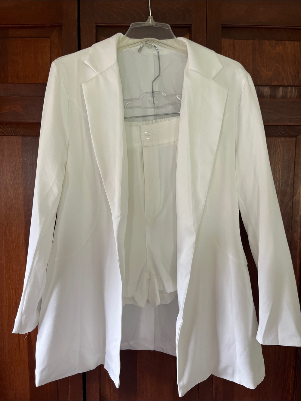White Womens Open-Front Blazer Jacket with white shorts